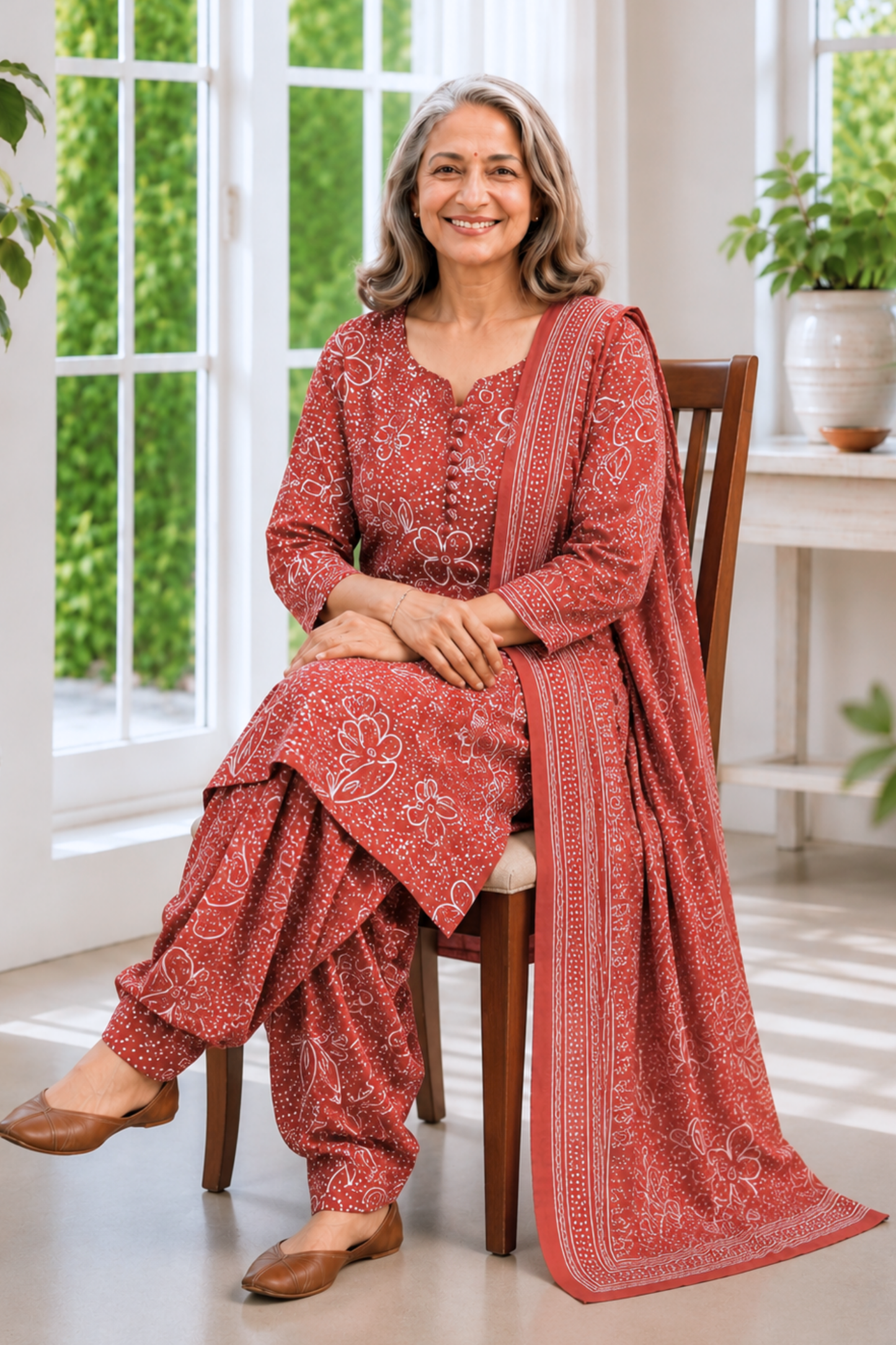 Rust Camellia Foiled Cotton Salwar Suit