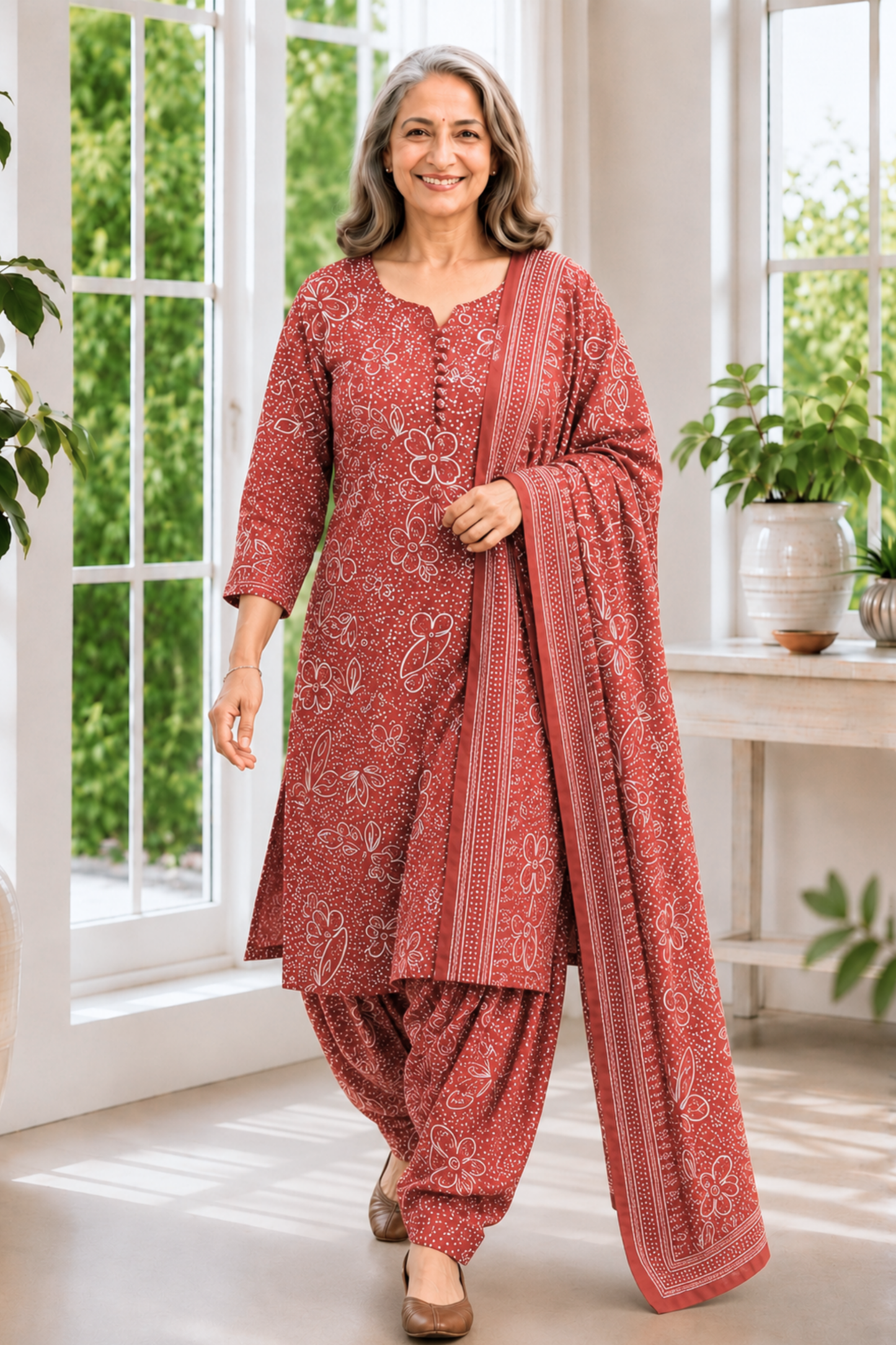 Rust Camellia Foiled Cotton Salwar Suit
