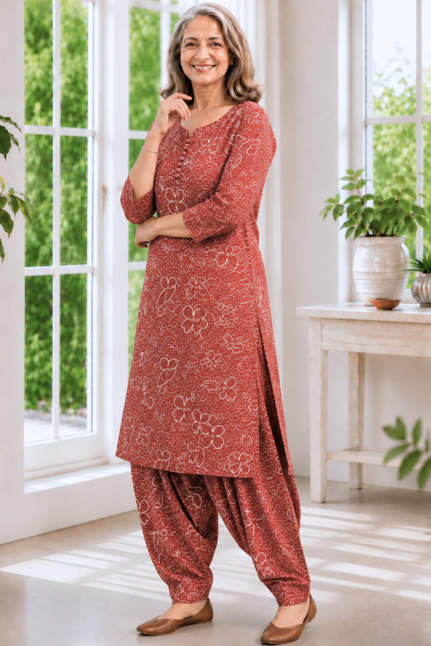 Rust Camellia Foiled Cotton Salwar Suit