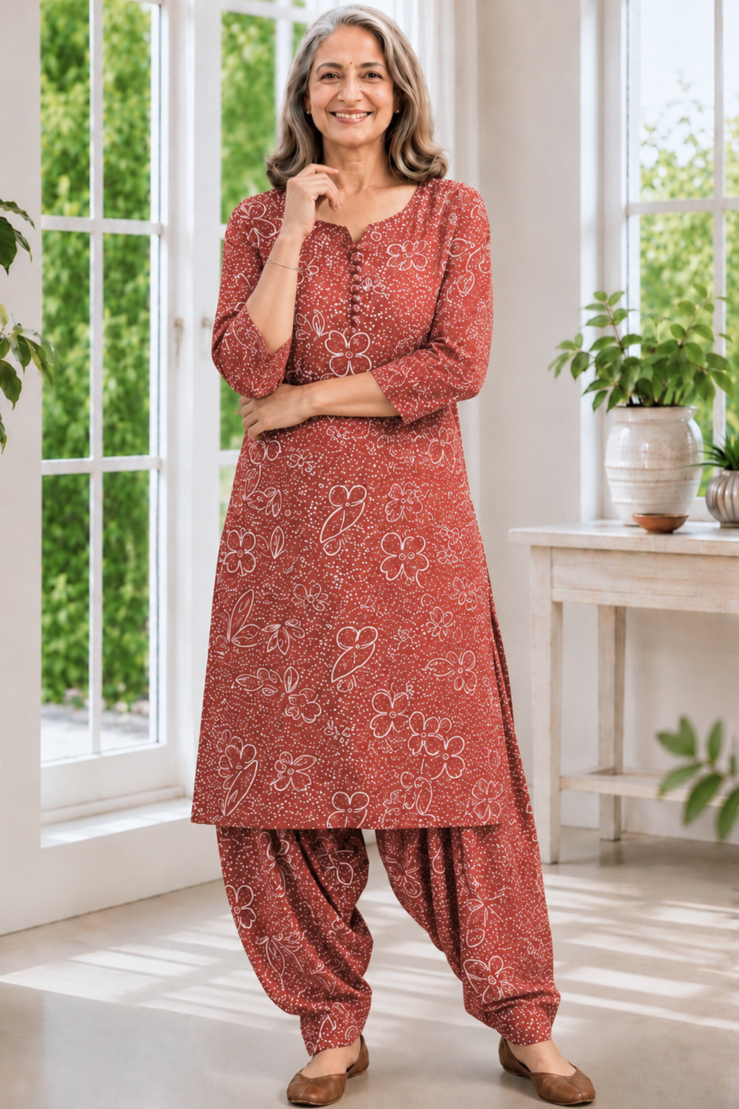 Rust Camellia Foiled Cotton Salwar Suit