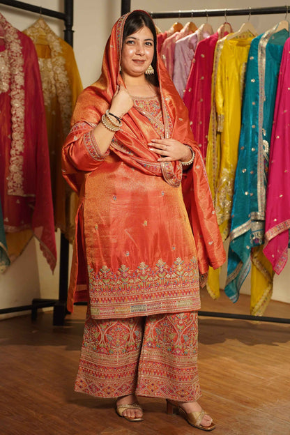 Ruhira Tissue Shimmer Embroidered Sharara Suit