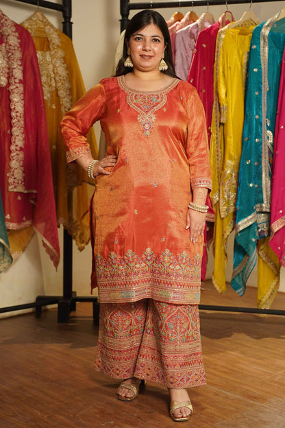 Ruhira Tissue Shimmer Embroidered Sharara Suit