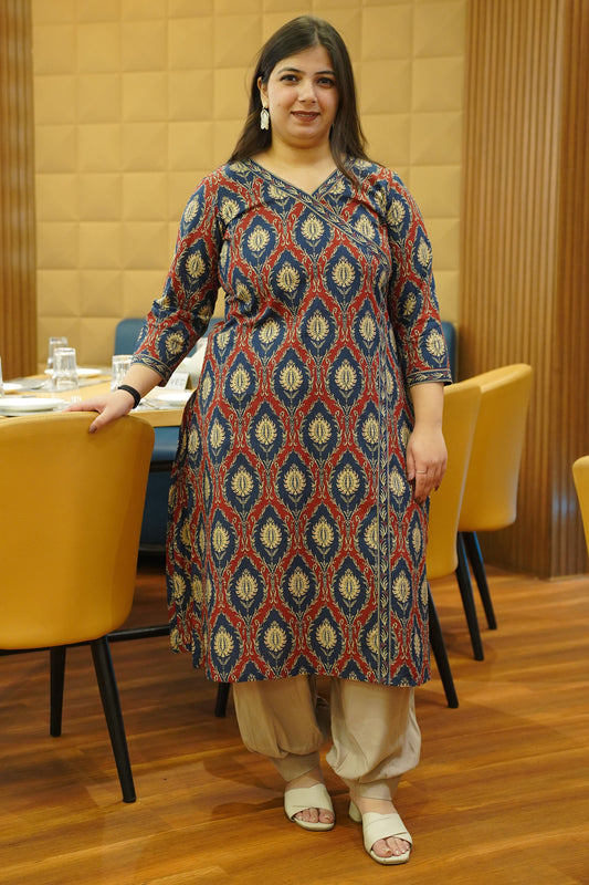 Rusty Navy Block Cotton Angrakha Kurta