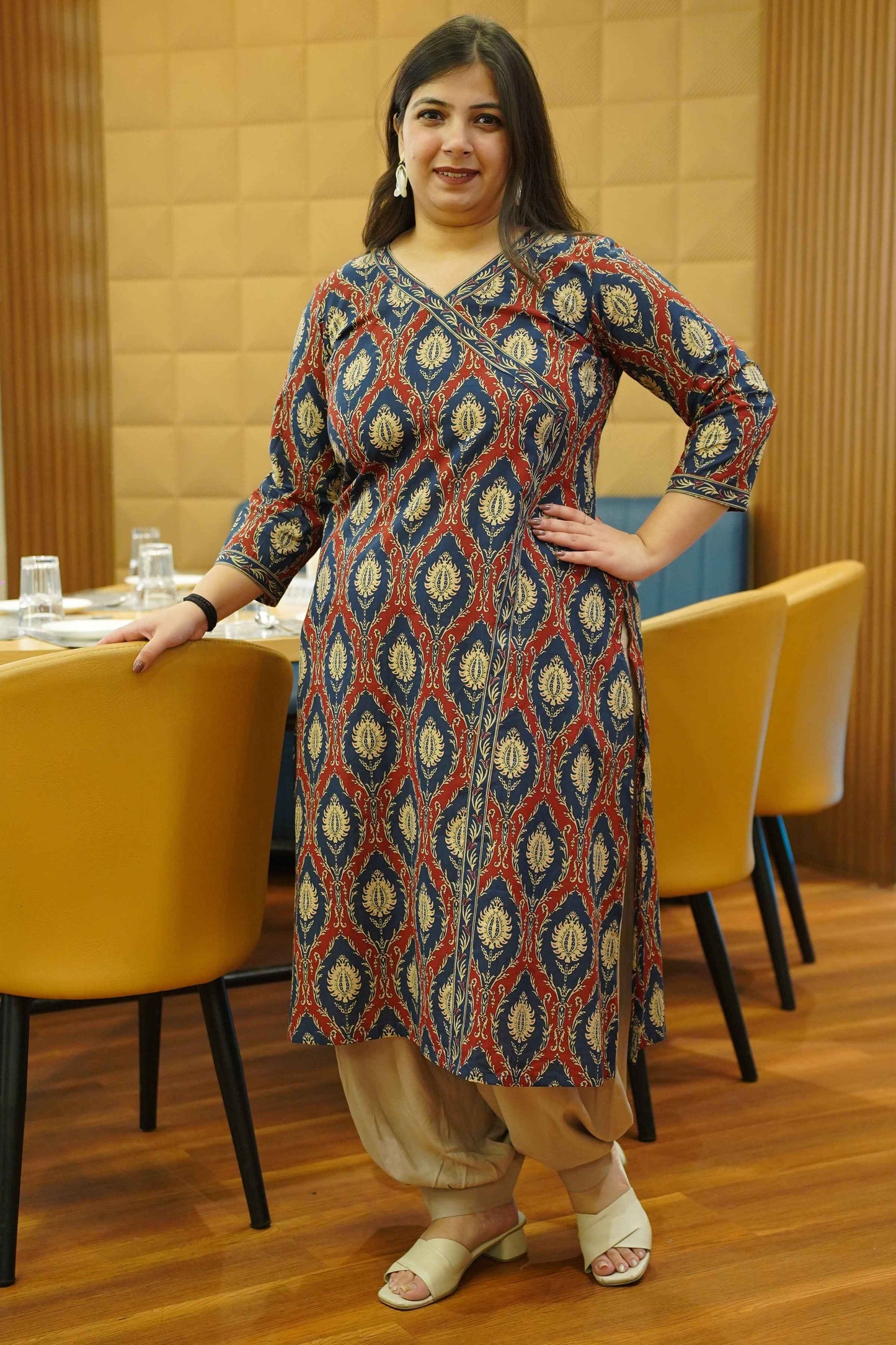 Rusty Navy Block Cotton Angrakha Kurta