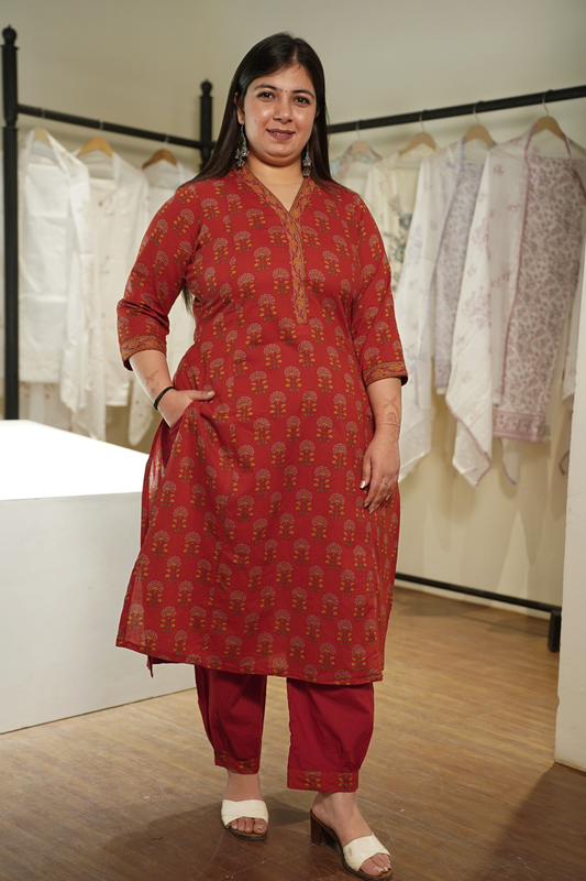 Saffron Red Block Printed Cotton Afghani Suit