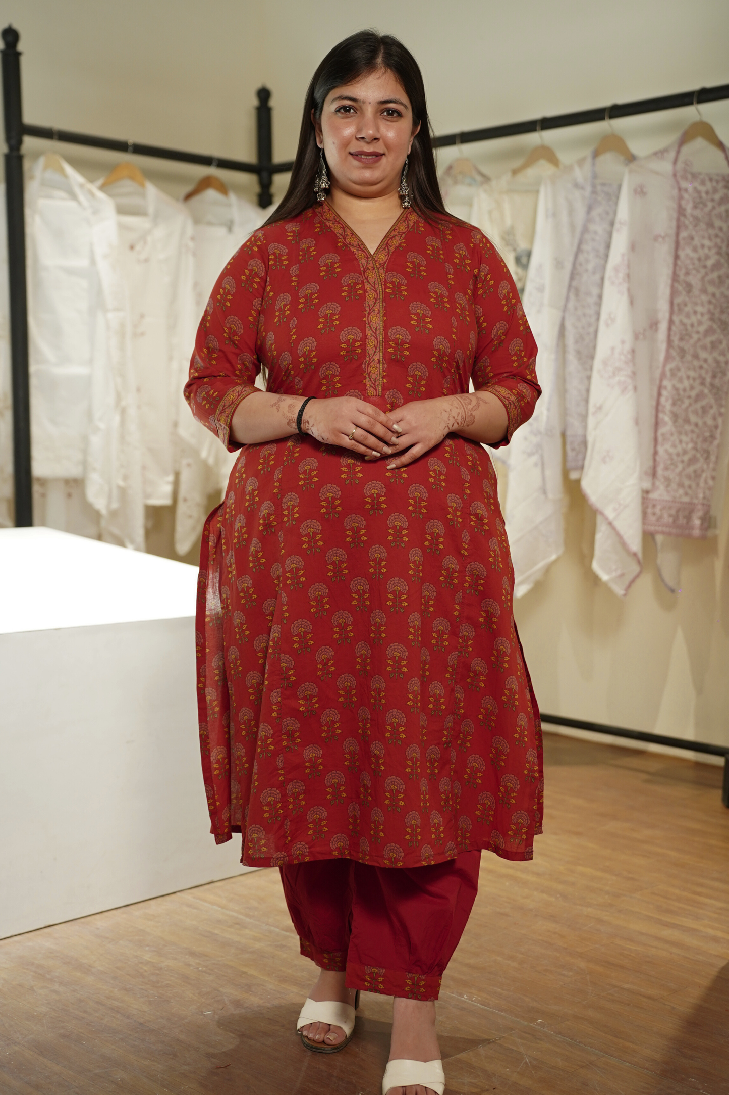 Saffron Red Block Printed Cotton Afghani Suit