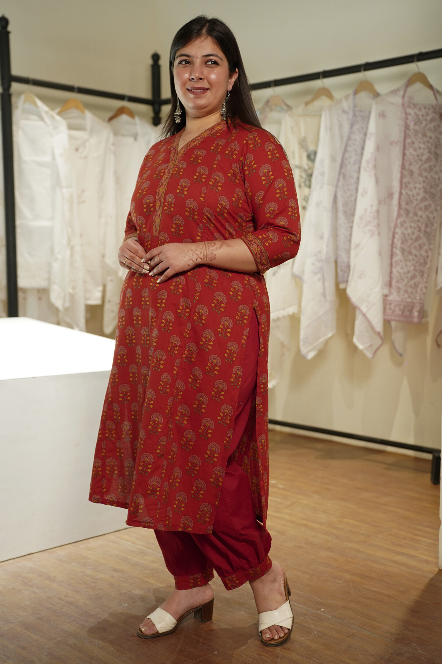 Saffron Red Block Printed Cotton Afghani Suit