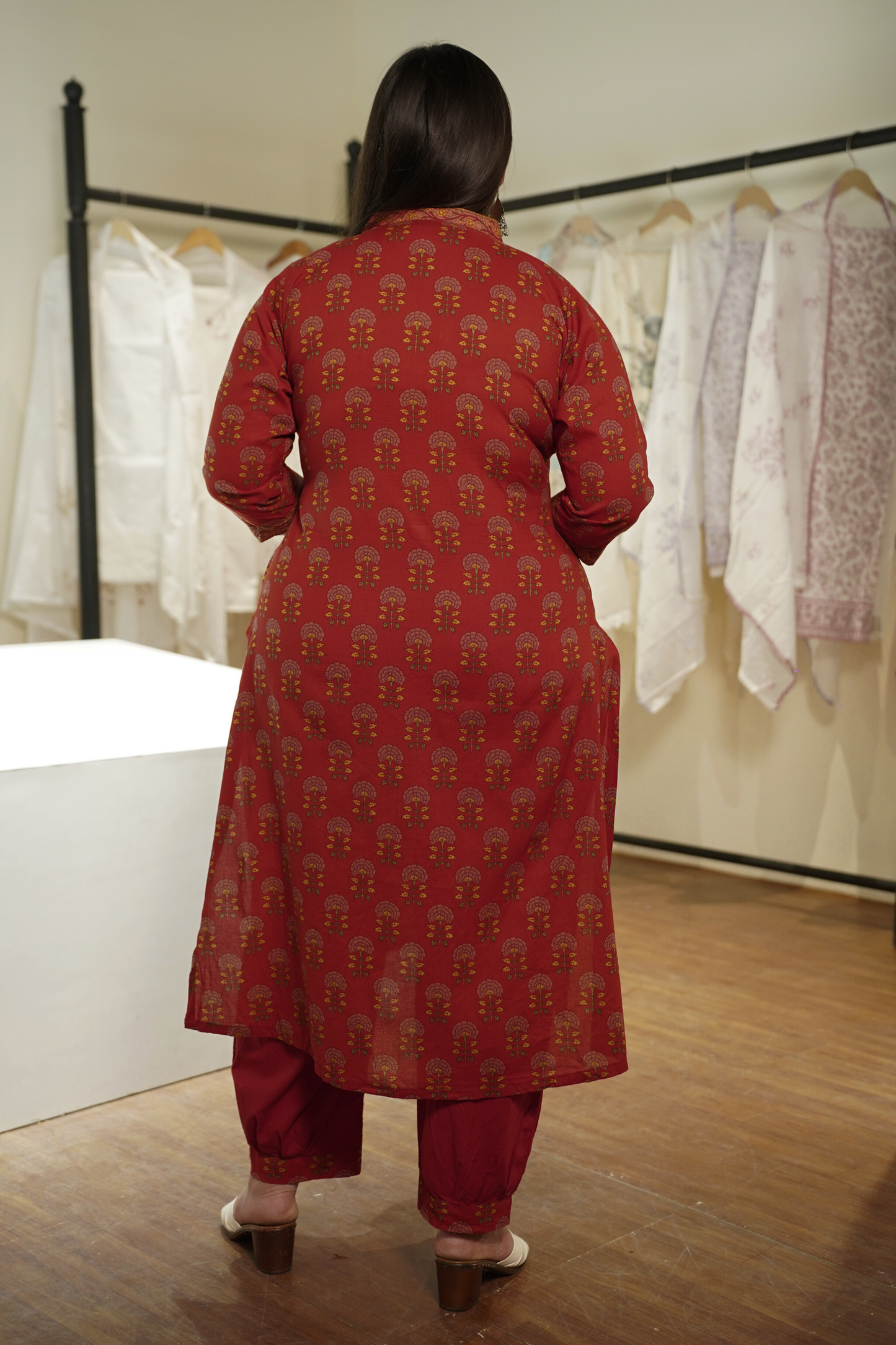 Saffron Red Block Printed Cotton Afghani Suit