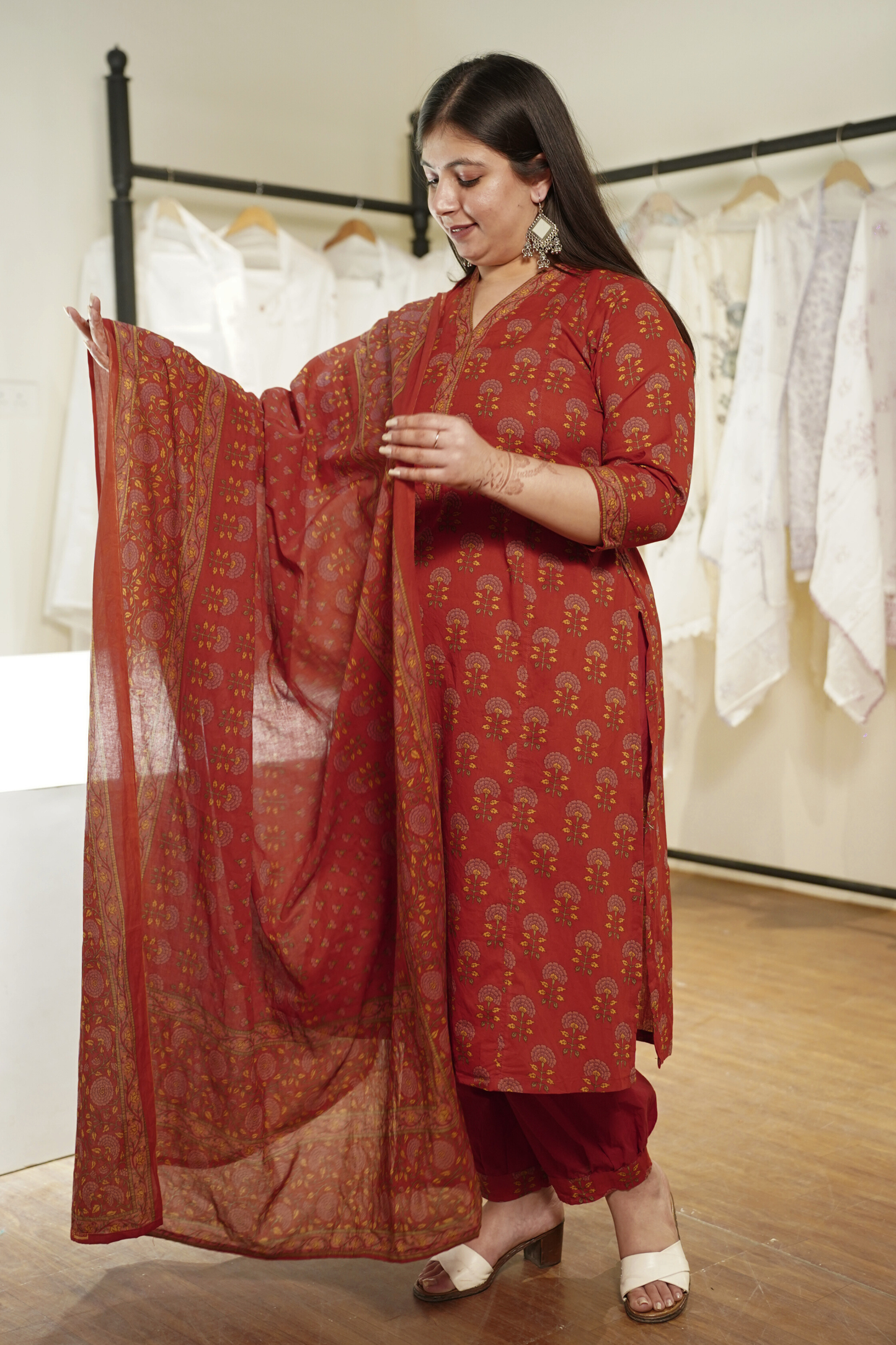 Saffron Red Block Printed Cotton Afghani Suit