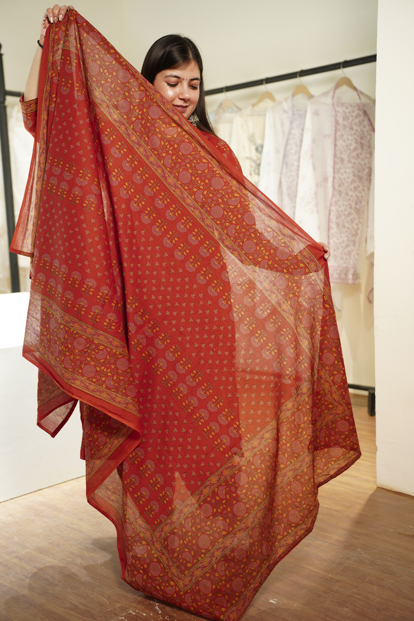 Saffron Red Block Printed Cotton Afghani Suit