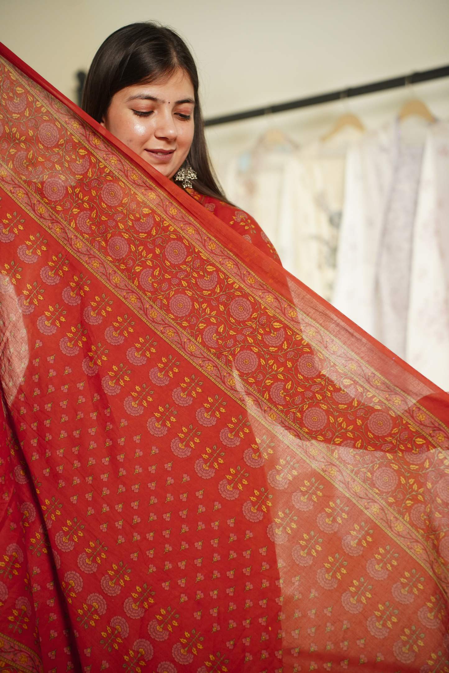 Saffron Red Block Printed Cotton Afghani Suit