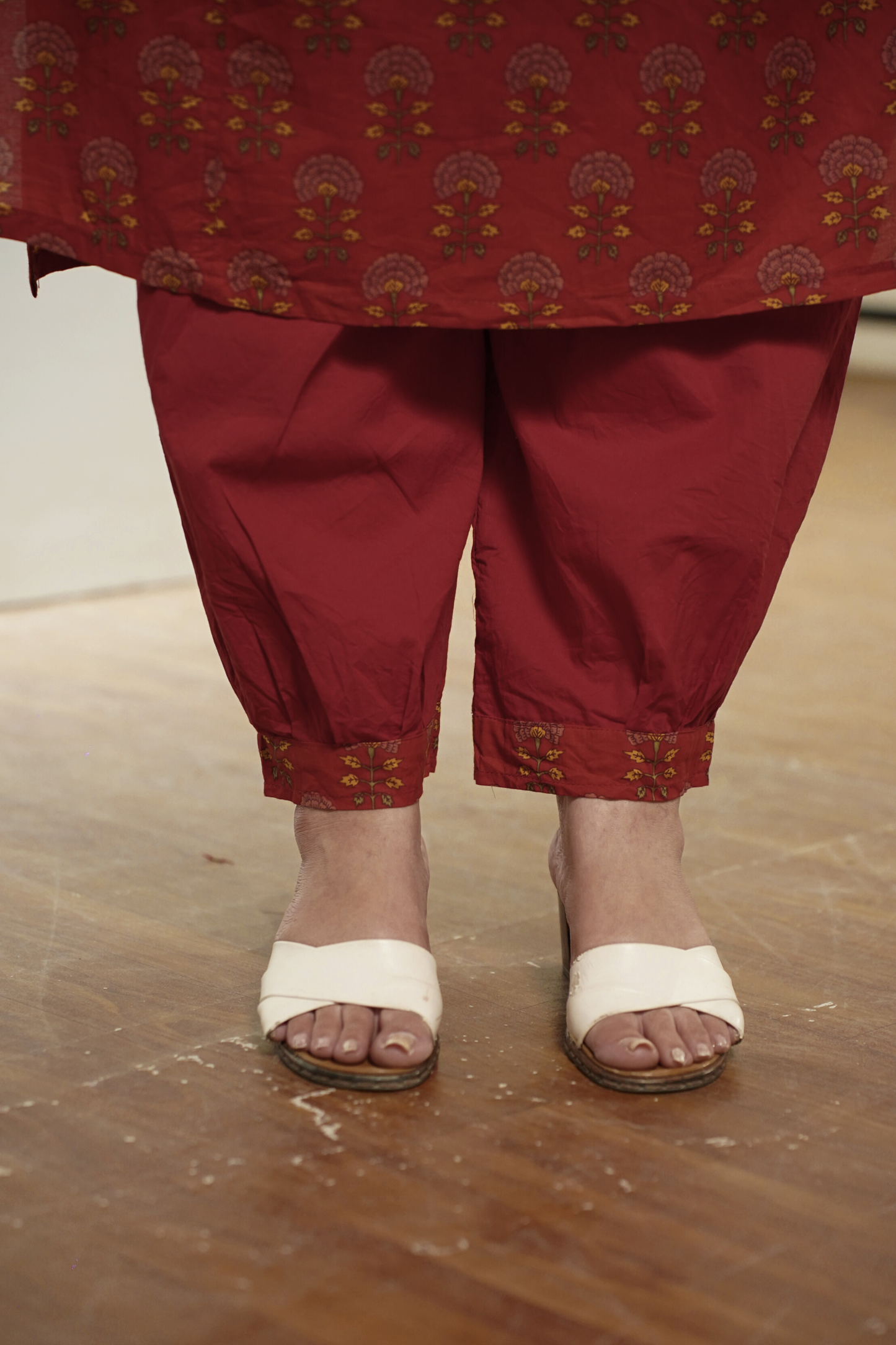 Saffron Red Block Printed Cotton Afghani Suit