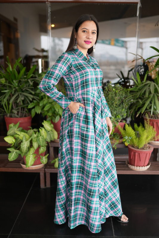 Buy Plus Size ​Seaside Rose Twill Checked Dress At Apella | Sizes XS to 10 XL | India | Free Delivery | Customized