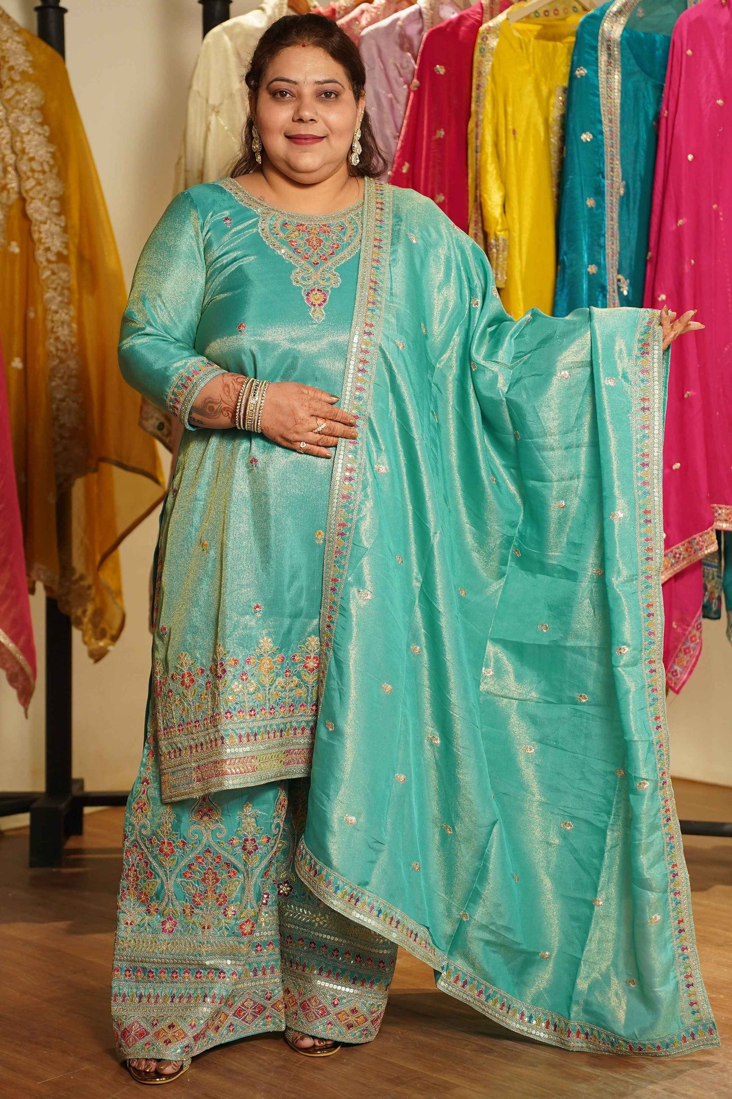 Nayira Tissue Shimmer Embroidered Sharara Suit