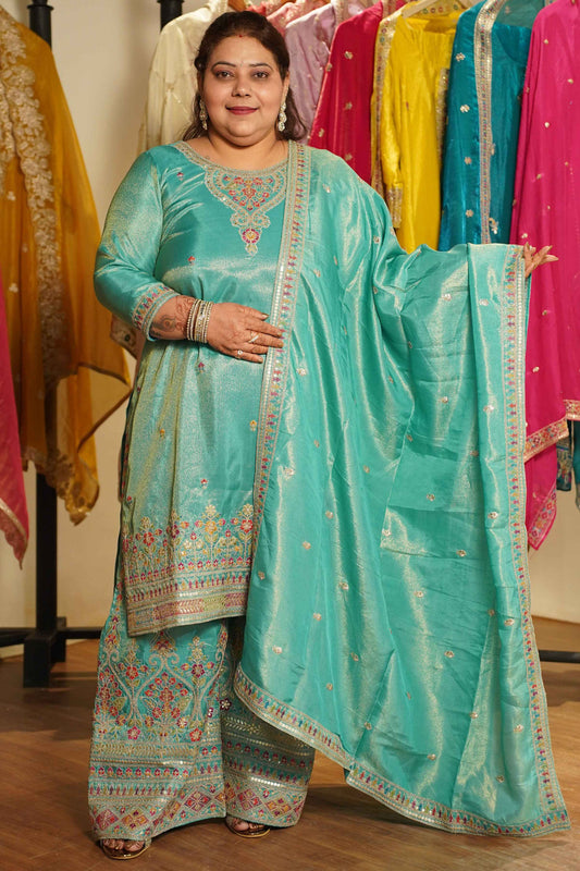 Nayira Tissue Shimmer Embroidered Sharara Suit