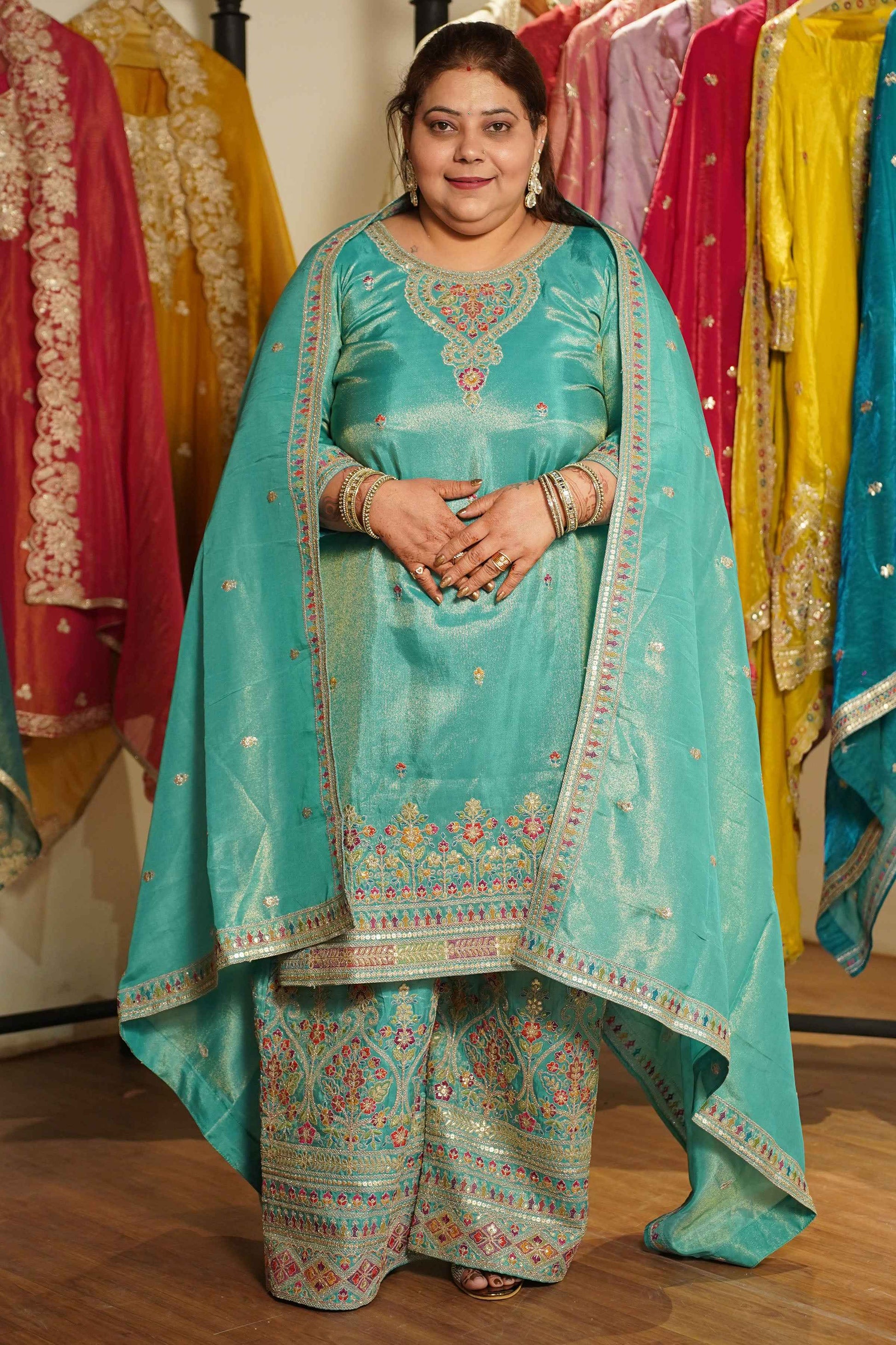 Nayira Tissue Shimmer Embroidered Sharara Suit