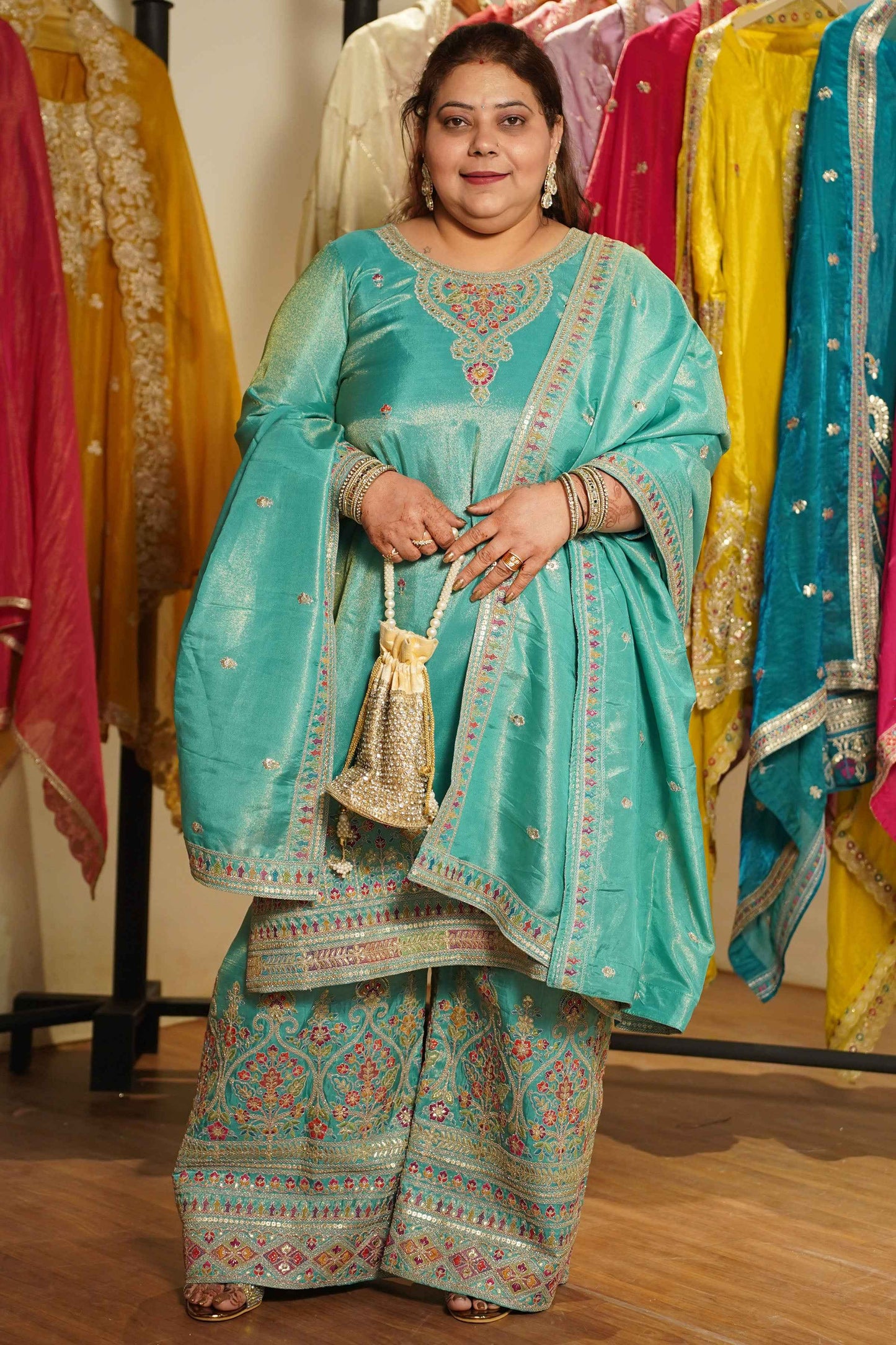 Nayira Tissue Shimmer Embroidered Sharara Suit