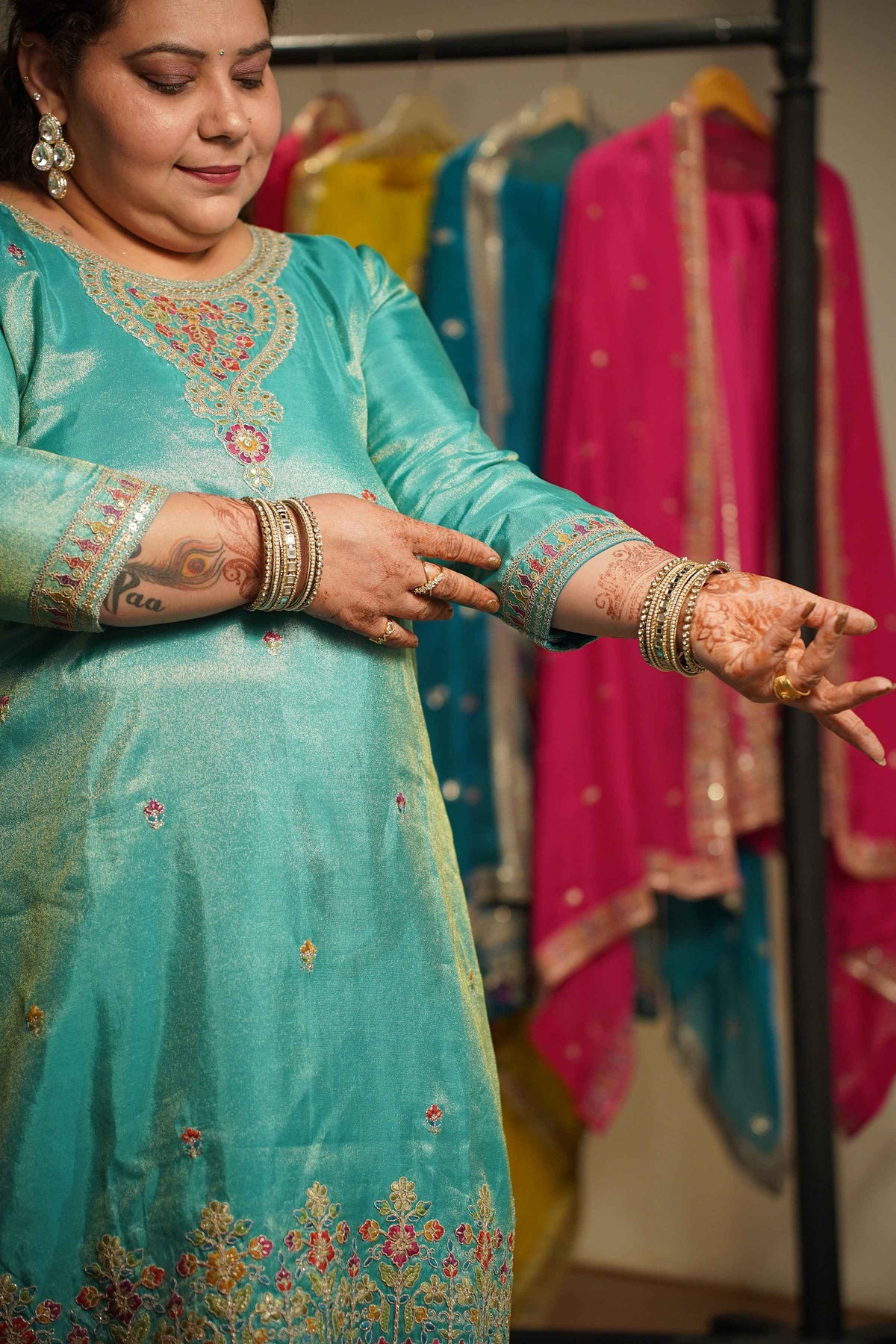 Nayira Tissue Shimmer Embroidered Sharara Suit