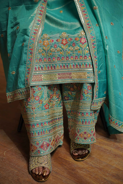 Nayira Tissue Shimmer Embroidered Sharara Suit