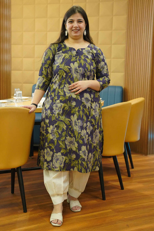Smoky Purple Printed Cotton Kali Kurta