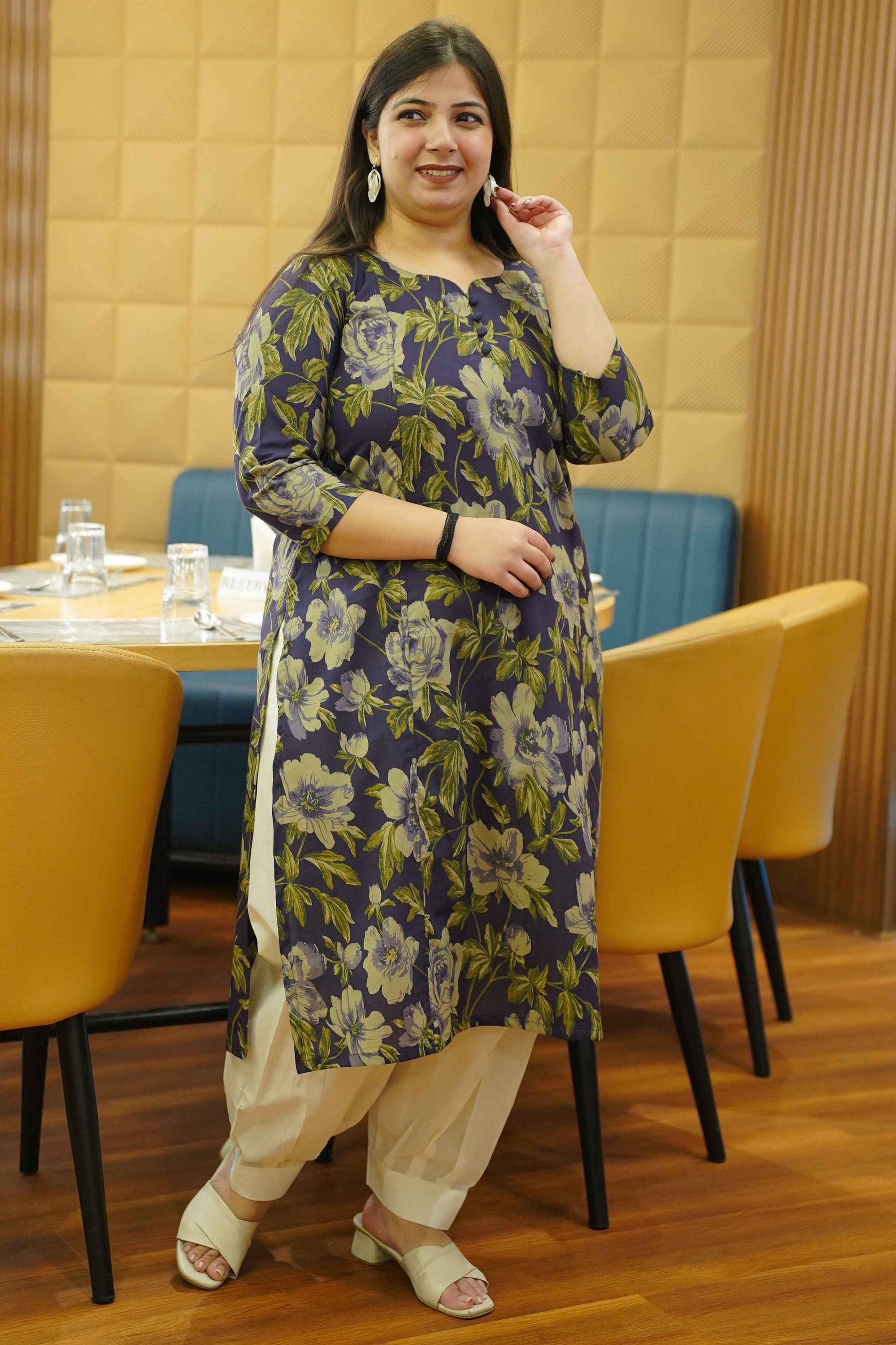 Smoky Purple Printed Cotton Kali Kurta