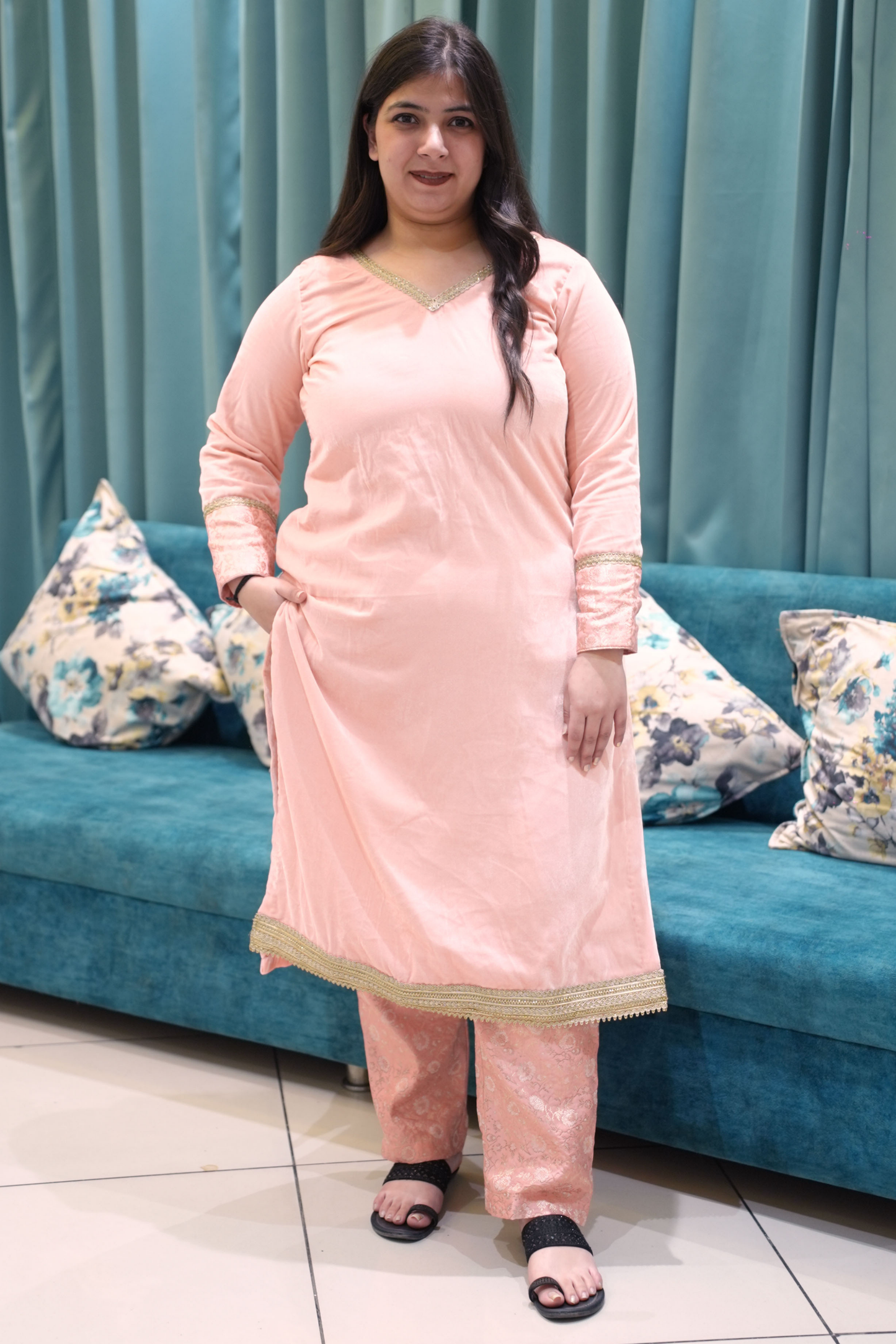 Pink Velvet Woollen Kurta with Brocade Pants