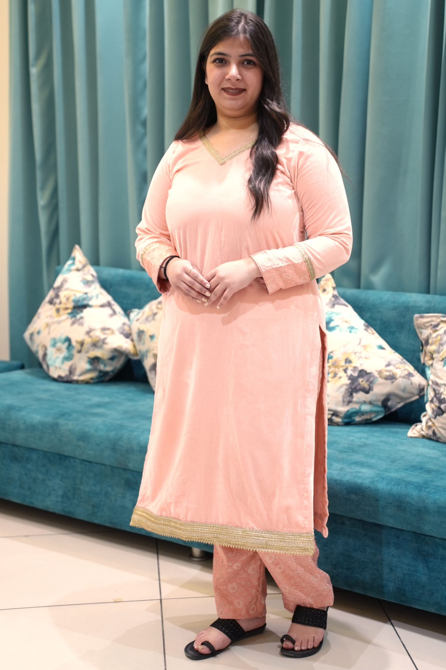 Pink Velvet Woollen Kurta with Brocade Pants
