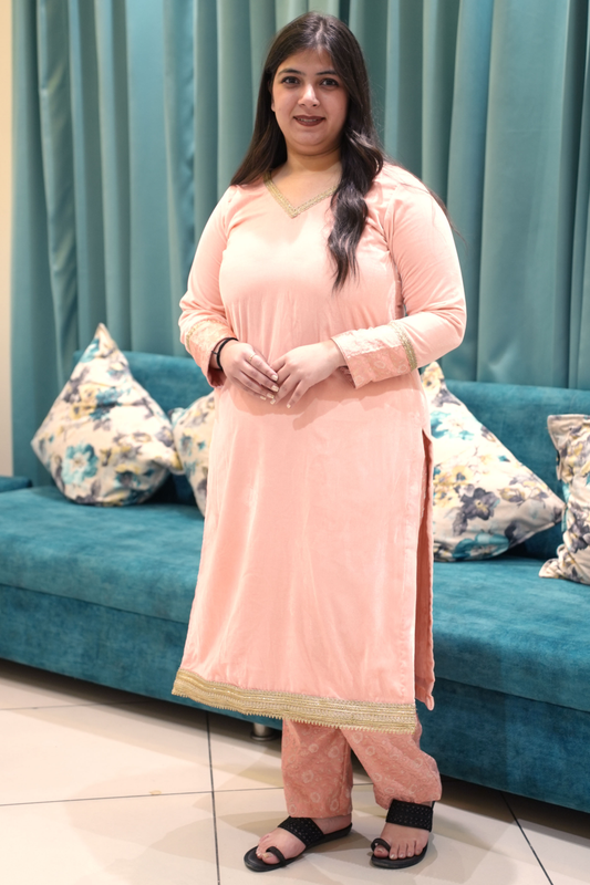 Pink Velvet Woollen Kurta with Brocade Pants