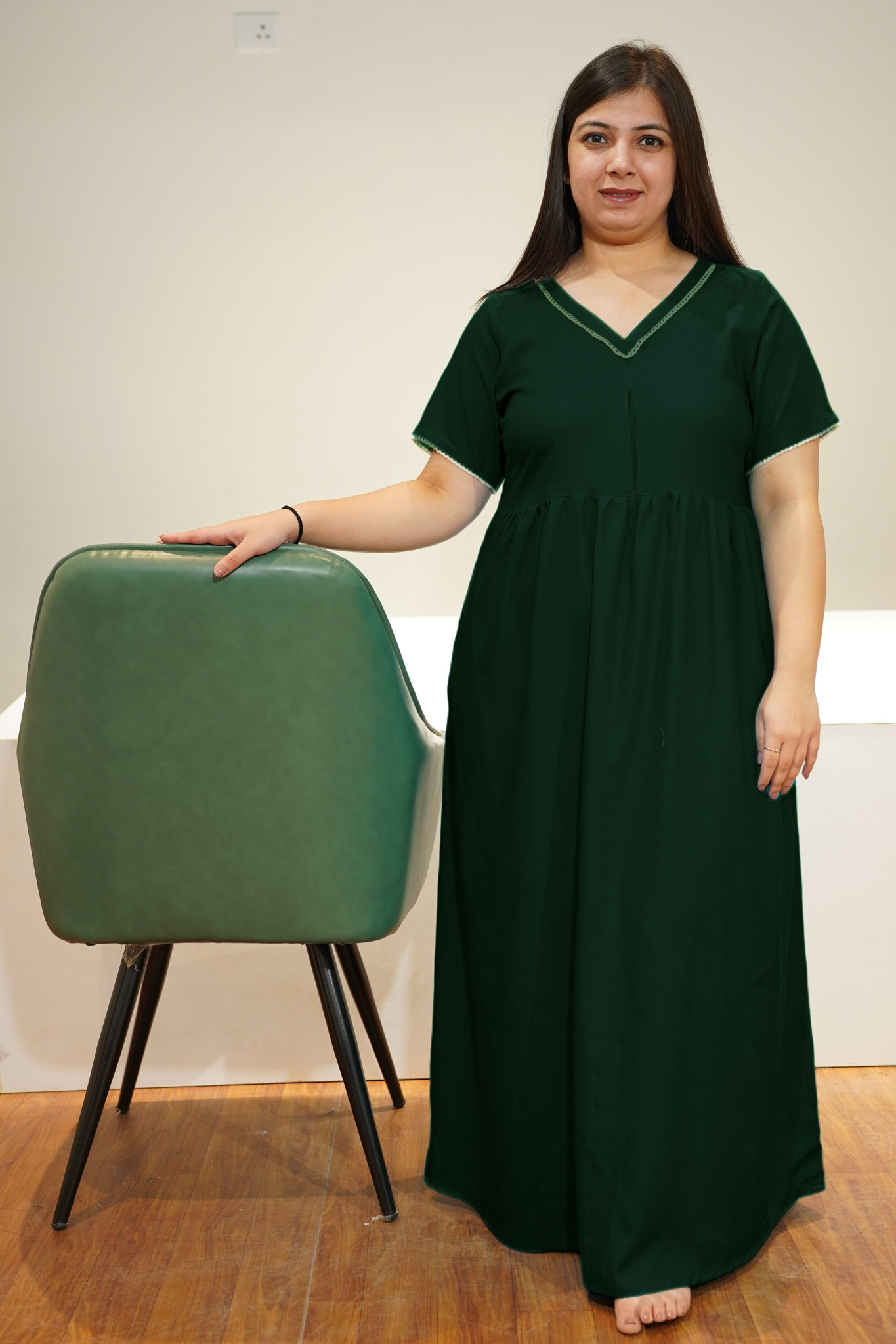 Solid Bottle Green Rayon Night Gown