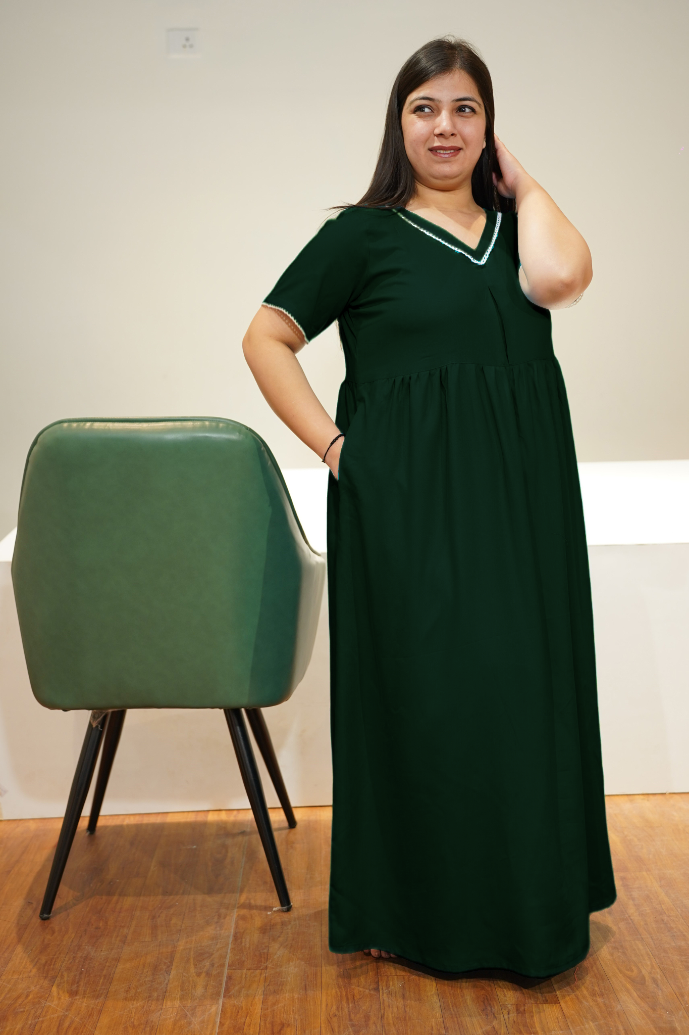 Solid Bottle Green Rayon Night Gown