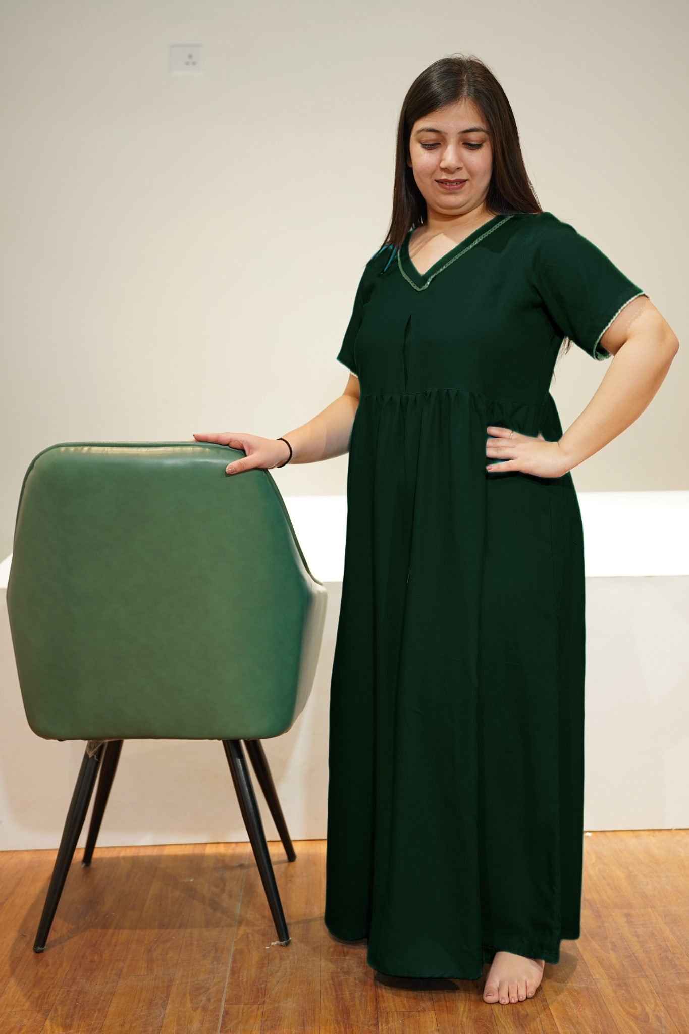 Solid Bottle Green Rayon Night Gown