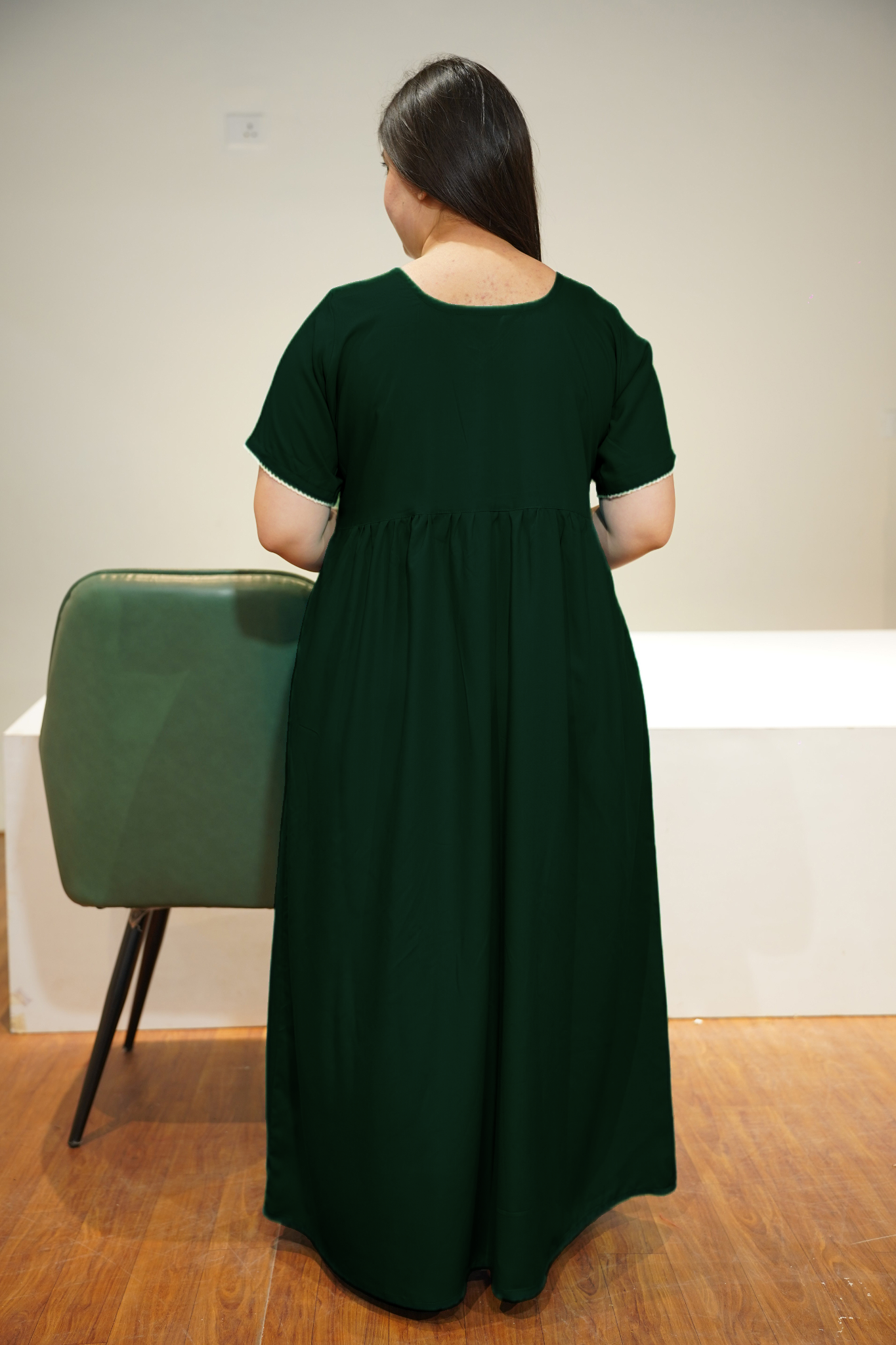 Solid Bottle Green Rayon Night Gown