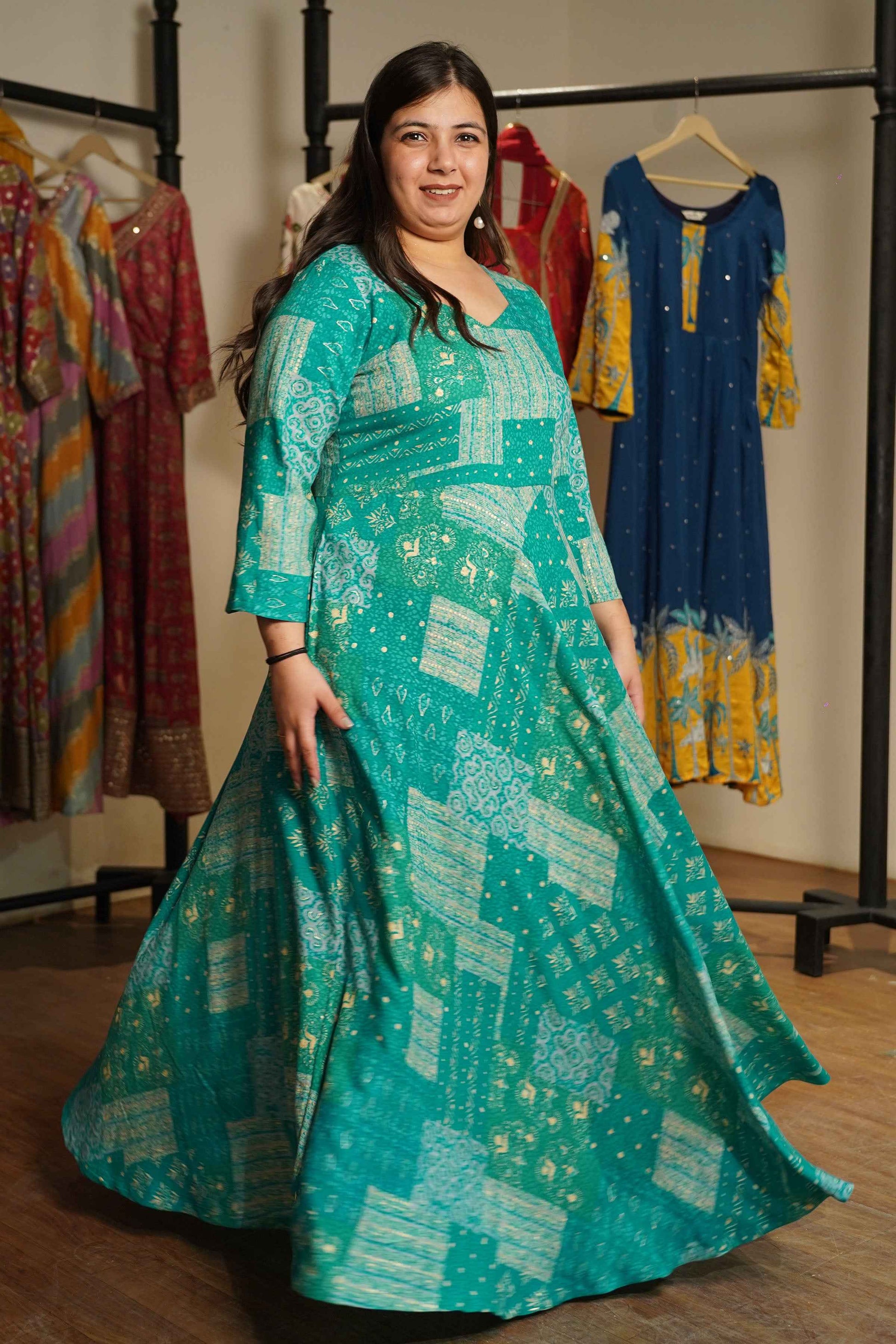 Spring Russle Foiled Rayon Dress With Pockets