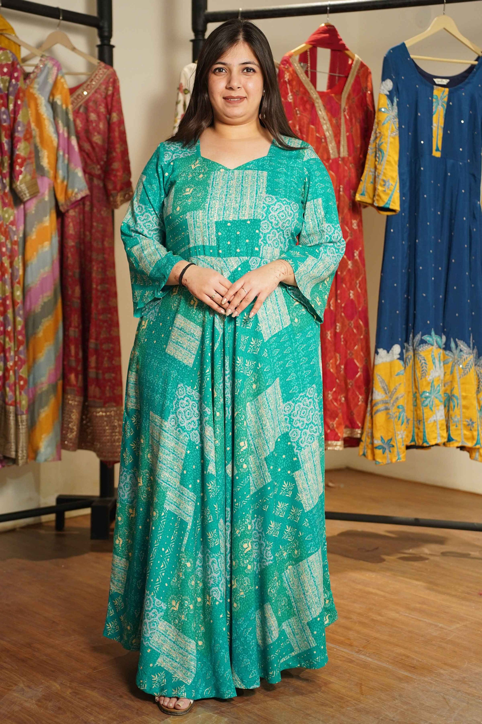 Spring Russle Foiled Rayon Dress With Pockets