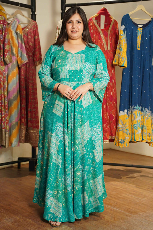 Spring Russle Foiled Rayon Dress With Pockets