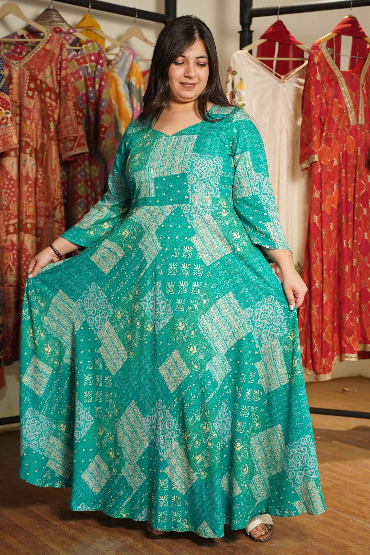 Spring Russle Foiled Rayon Dress With Pockets