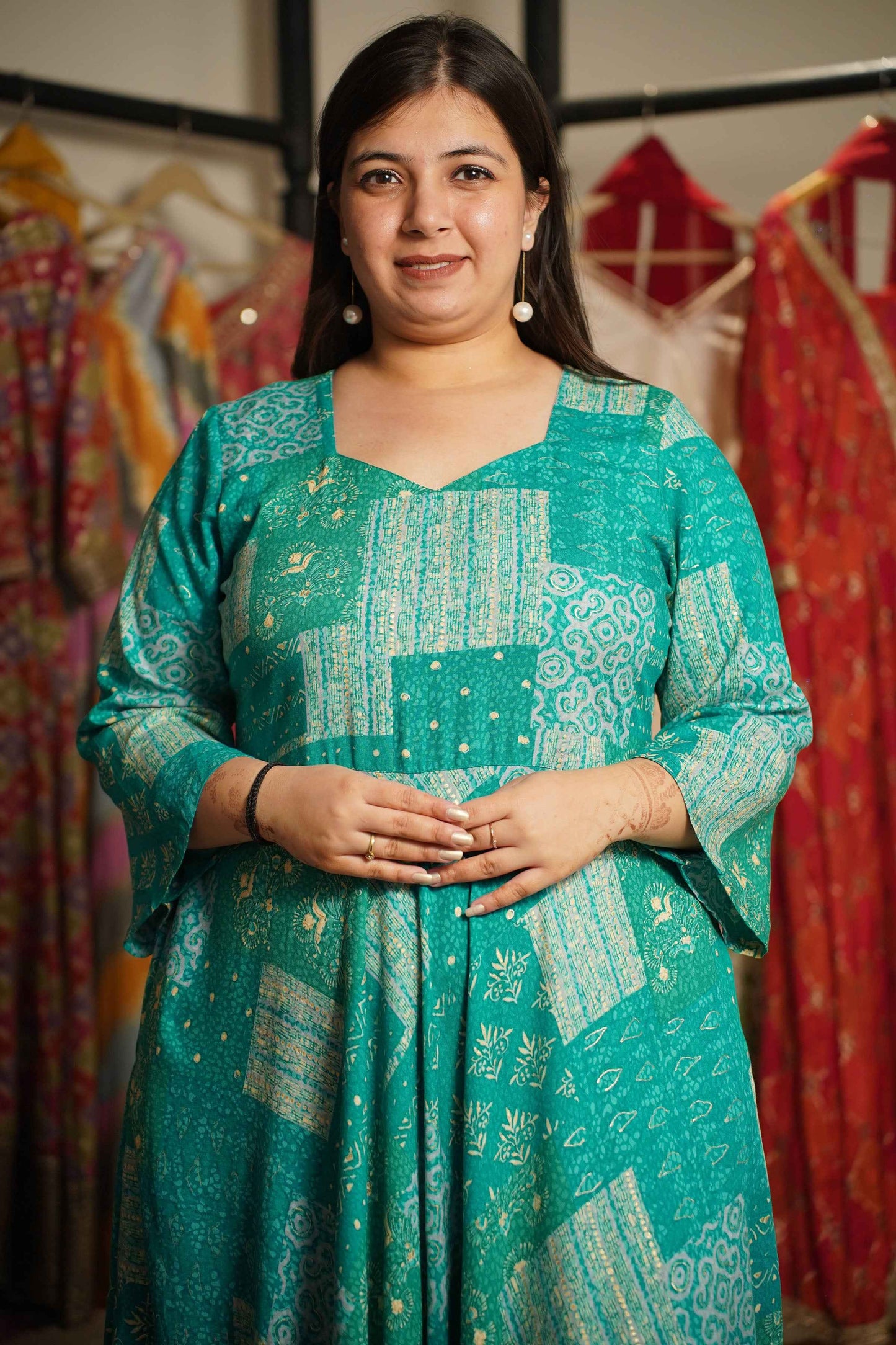 Spring Russle Foiled Rayon Dress With Pockets