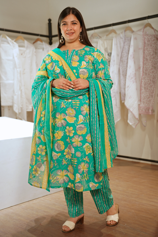 Sunlit Aqua Block Printed Cotton Suit Set