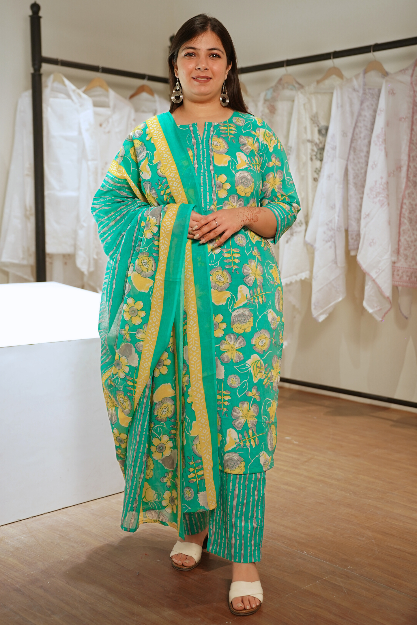 Sunlit Aqua Block Printed Cotton Suit Set