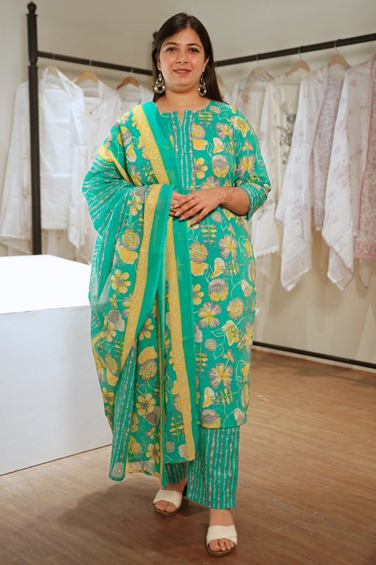 Sunlit Aqua Block Printed Cotton Suit Set