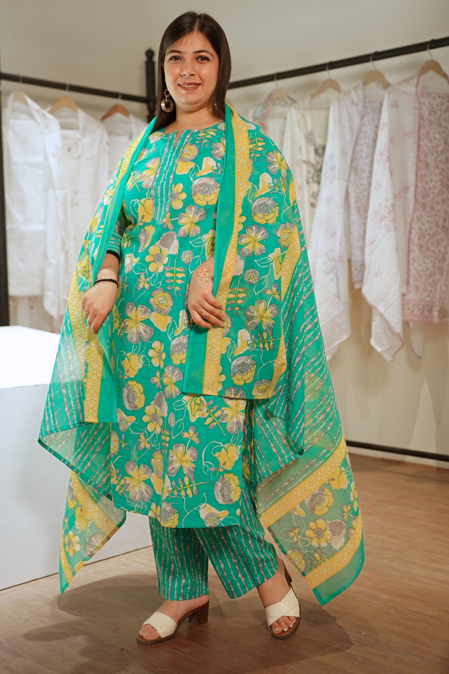 Sunlit Aqua Block Printed Cotton Suit Set