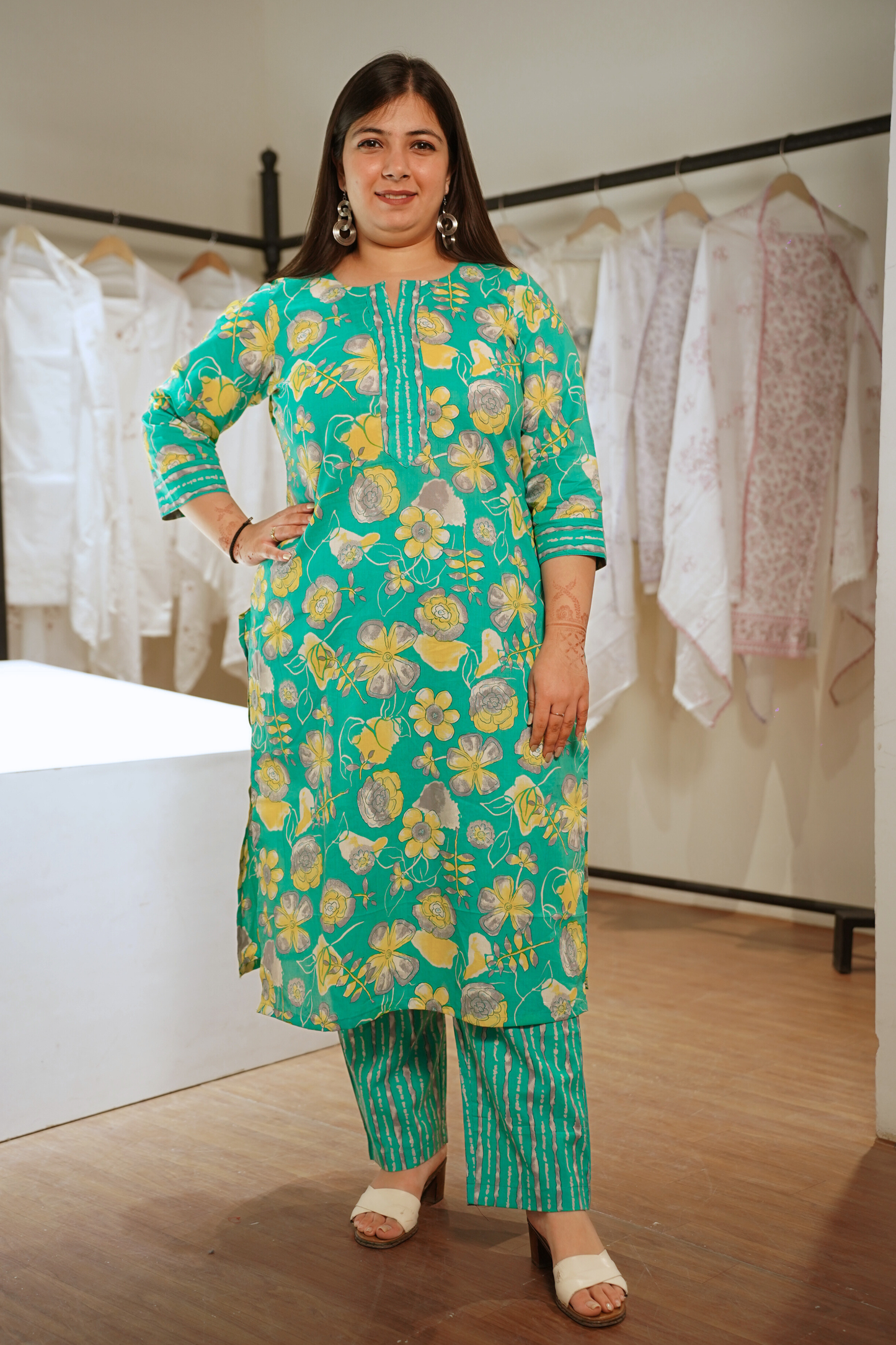 Sunlit Aqua Block Printed Cotton Suit Set