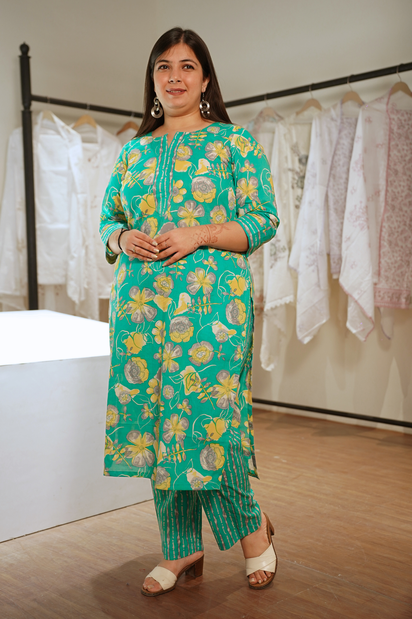 Sunlit Aqua Block Printed Cotton Suit Set