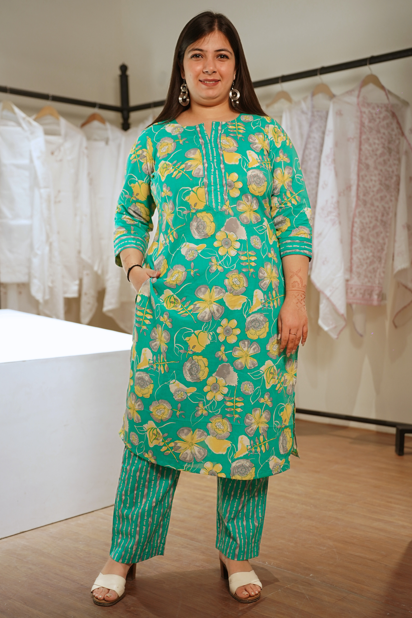 Sunlit Aqua Block Printed Cotton Suit Set