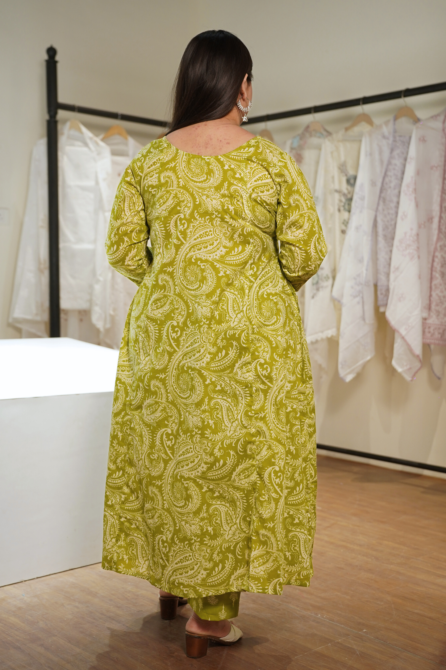 Sunlit Lime Cotton Block Printed Kalidar Set