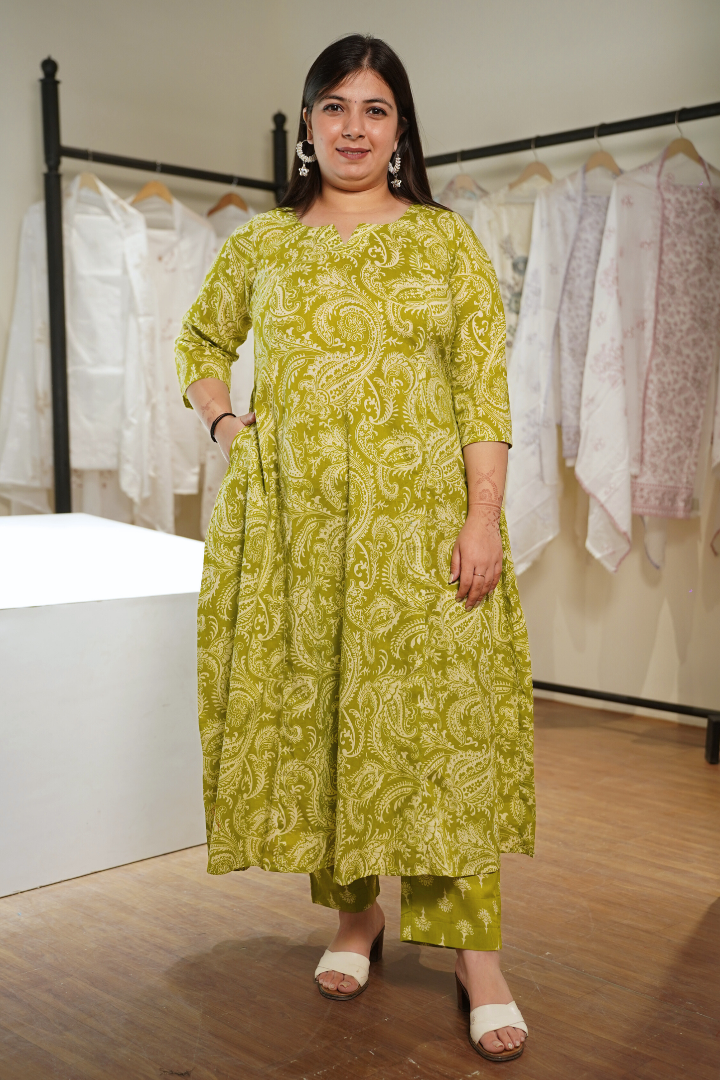 Sunlit Lime Cotton Block Printed Kalidar Set