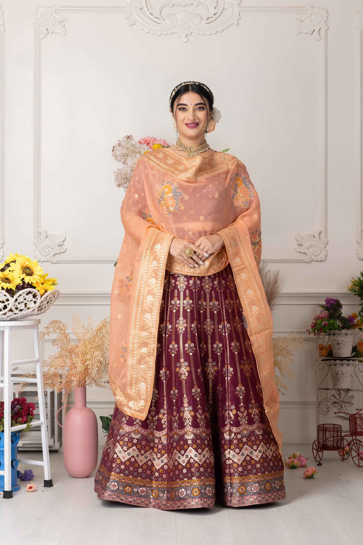 Buy Plus Size ​Suramya Utsav Banarasi Silk Lehenga At Apella | Sizes XS to 10 XL | India | Free Delivery | Customized