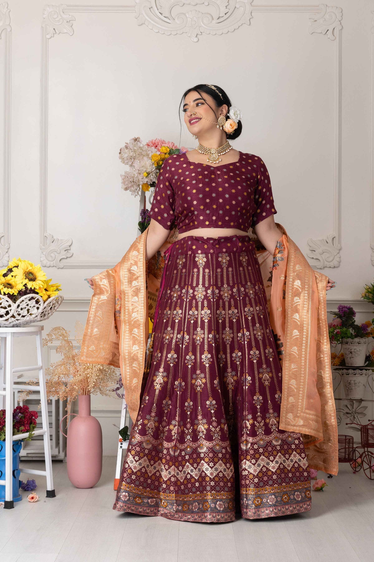 Buy Plus Size ​Suramya Utsav Banarasi Silk Lehenga At Apella | Sizes XS to 10 XL | India | Free Delivery | Customized