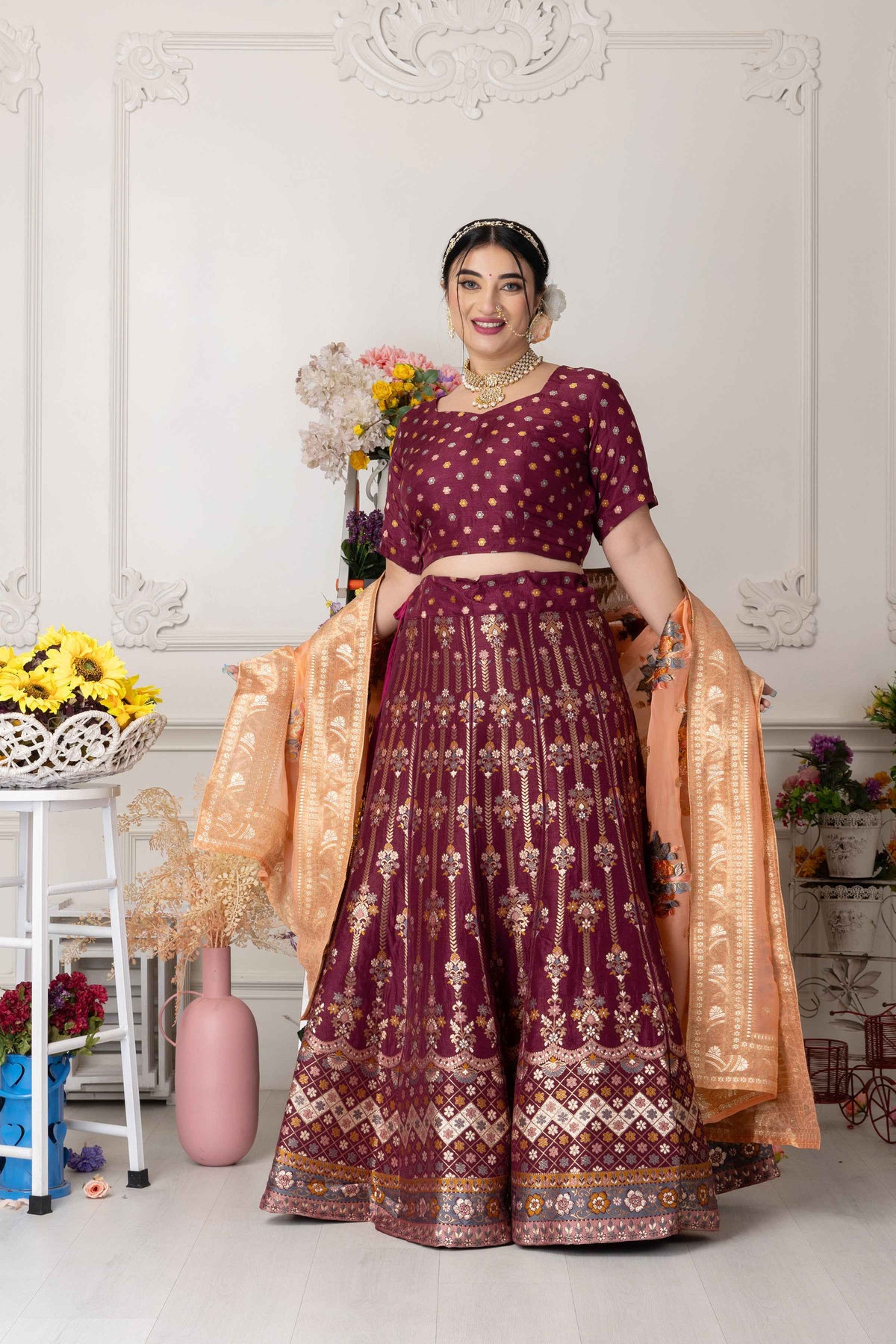Buy Plus Size ​Suramya Utsav Banarasi Silk Lehenga At Apella | Sizes XS to 10 XL | India | Free Delivery | Customized