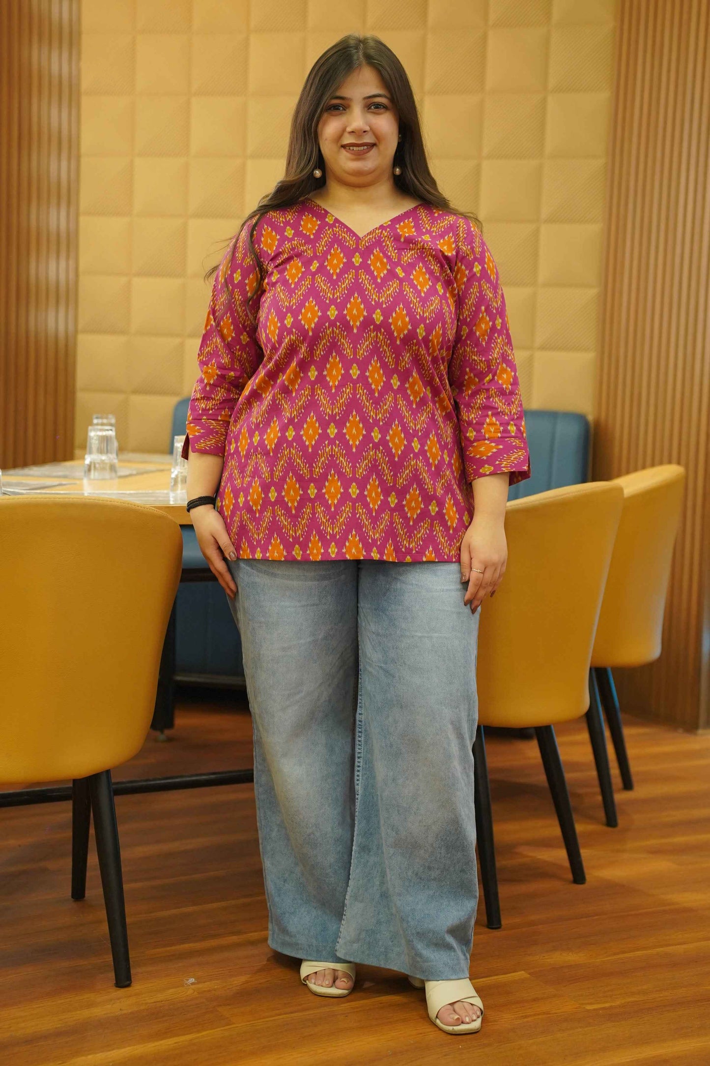 Tangy Fuchsia Ikat Printed Cotton Top